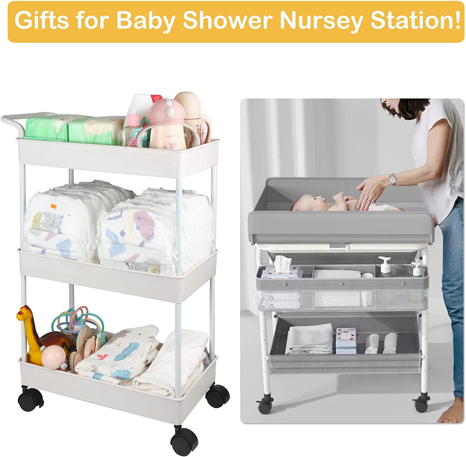 Diaper Caddy, Plastic Movable Cart for Newborn Nursery Essentials Diaper Storage Organizer with 3-Tier Design