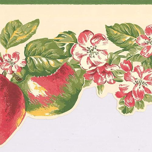 Concord Wallcoverings Vintage Apples Wallpaper Border Featuring Leaves Flowers in a Yellow Background, Colors Red Pink Beige Green, Size 9 Inches by 15 Feet LT9460B