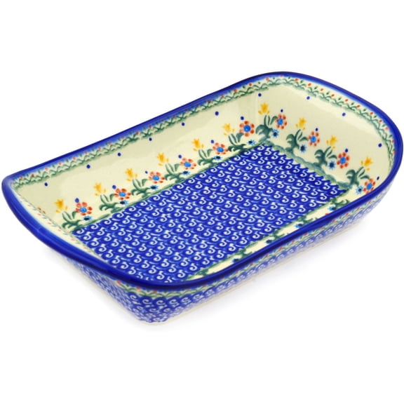 Polish Pottery 11-inch Platter with Handles (Spring Flowers Theme) Hand Painted in Boleslawiec, Poland   Certificate of Authenticity