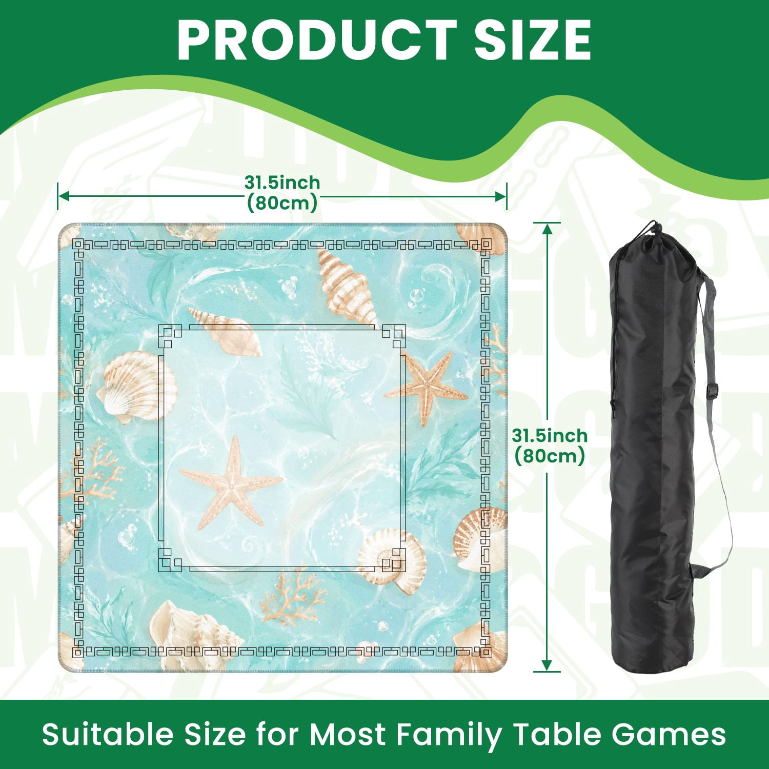 Mahjong Mat 31.5" x 31.5" Seashell Starfish Turquoise Ocean Non-Slip Noise Reduction American Mahjong Tiles Table Cover for Dominoes Poker Card Board Games Gift