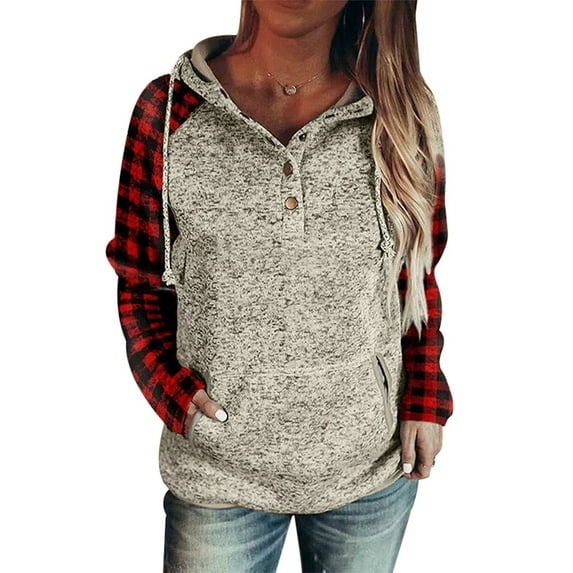 Lumento Women Hoodies Loose Buffalo Plaid Raglan Pockets Drawstring Sweatshirt Gray(Red) XL