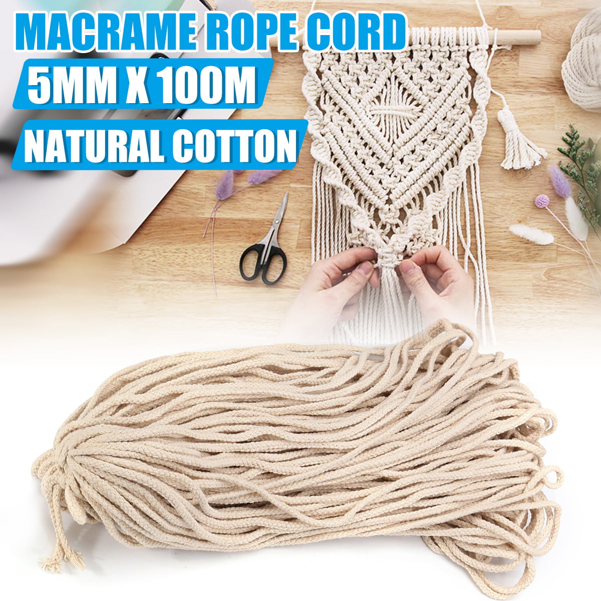OKBOP Macrame Cord 100 Yard DIY Craft Supplies Natural Cotton Rope with 3 Strand Twisted Macrame Ropes for Handmade Plant Hanger Wall Hanging Making 3mm x 100 Yard, Beige 