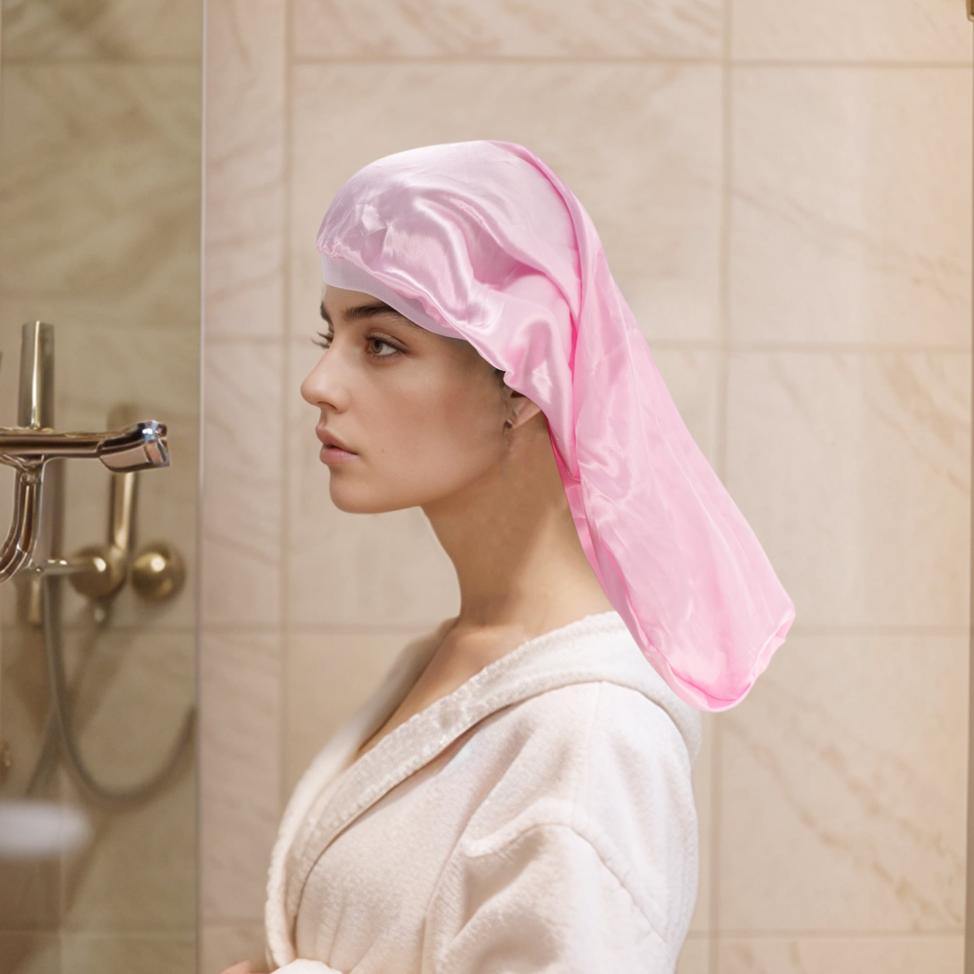 Unique Bargains Women Simulated Silk Print Shower Cap for Bathroom 1 Pc Pink