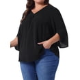 thumbnail image 4 of Blusa de gasa de mujer plus size Agnes Orinda, con cuello en V, manga 3/4, estilo casual de verano, talla 1X, completamente negra, 4 of 6