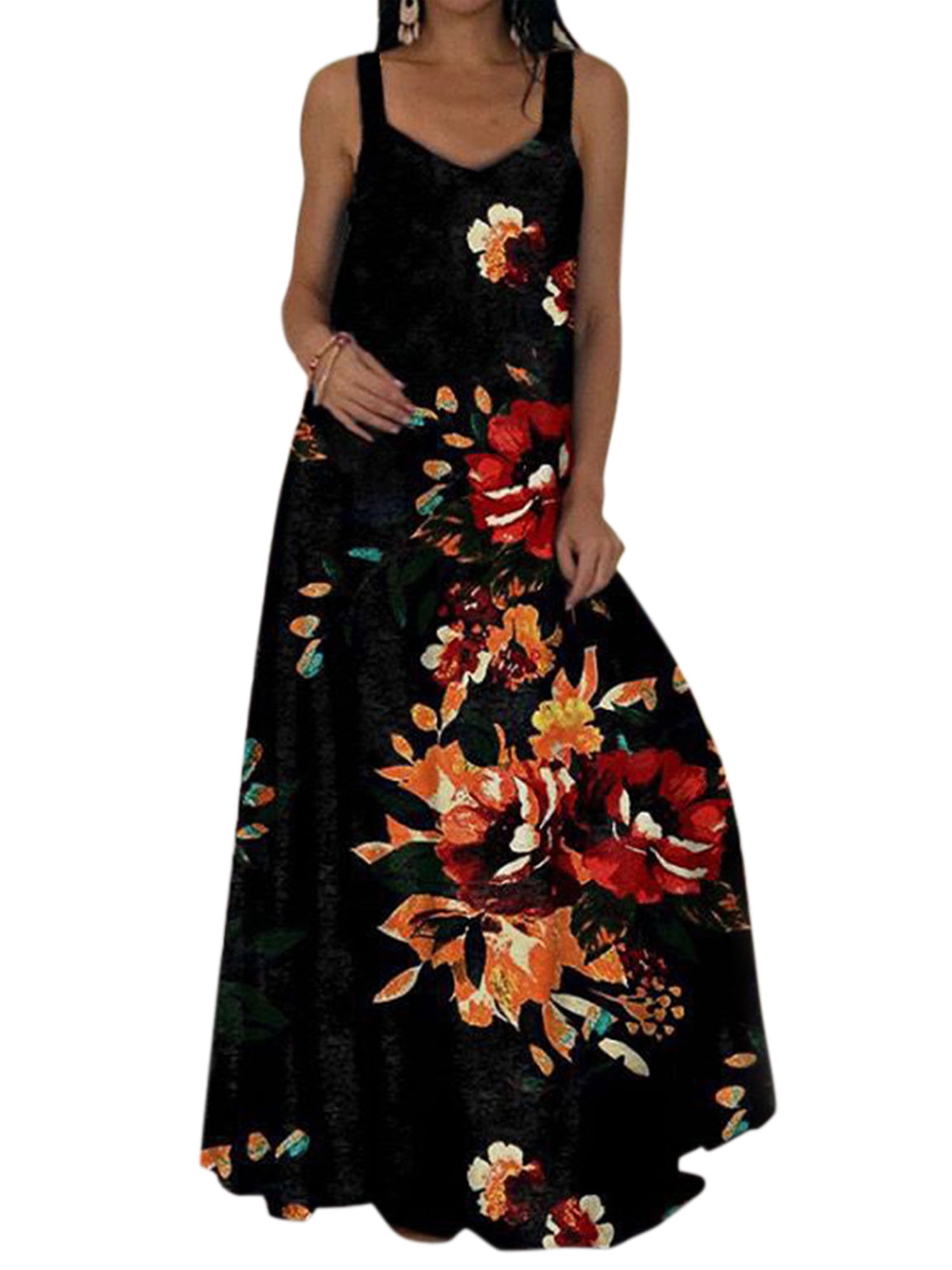 LAPA Women's Floral Printed Maxi Dresses Spaghetti Strap Loose Straight ...