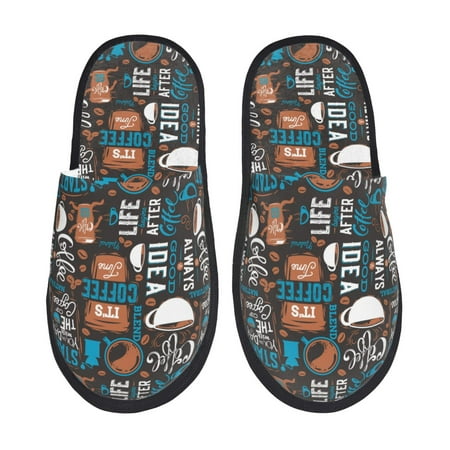 Balery Coffee Lover Print Slient Indoor Furry Fleece Comfort House Shoes Soft Non-Slip Home Shoes Cotton slippers House Slippers-- Large