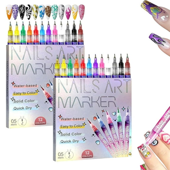 12 Colors Nail Art Pens Set, Nail Doodle Pens, Nail Art Markers for Gel Nails, DIY Quick Dry Graffiti Dotting Point Liner Pens, for Home & Salon Manicure Tools (2PCS)