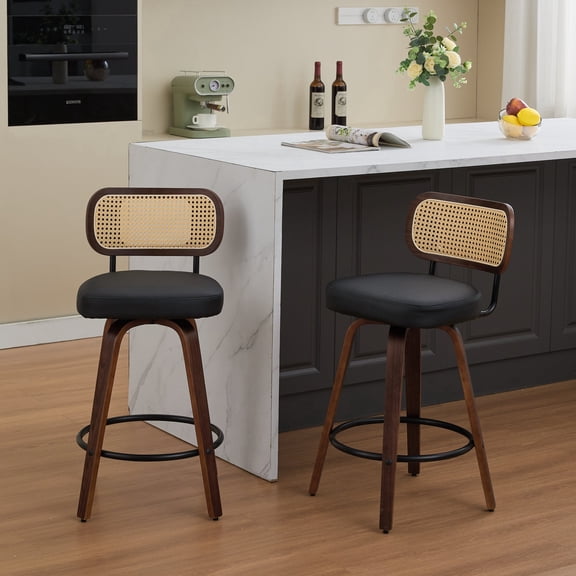 FFZ Set of 2 Rattan Counter Height Bar Stools with Cane Back, Upholstered Seat, Walnut Craftsmanship, Black