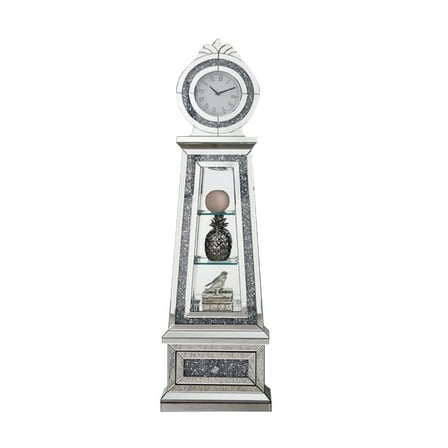 Mirrored Grandfather Clock with 3 Open Compartments Silver Wooden