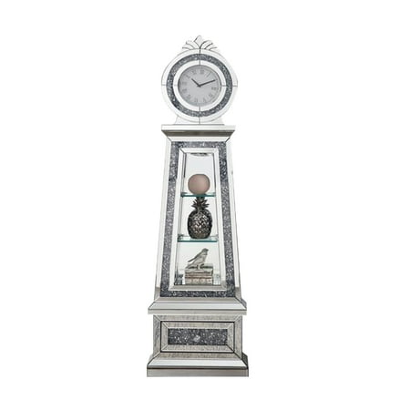 Mirrored Grandfather Clock with 3 Open Compartments Silver Wooden