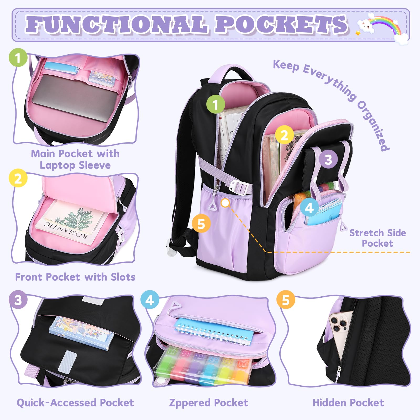 Set de 3 mochilas para niñas con lonchera y cartuchera, mochilas para primaria y secundaria, linda kawaii de gran capacidad con tira reflectante, negro y morado 3