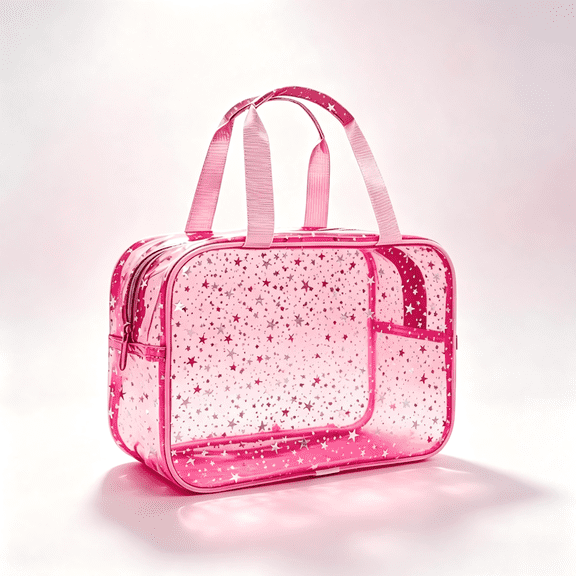 Clear Makeup Bag with Star Pattern - Large Travel Cosmetic Bag with Handle, PVC Waterproof Organizer, 12 x 5 x 8 inch, Red