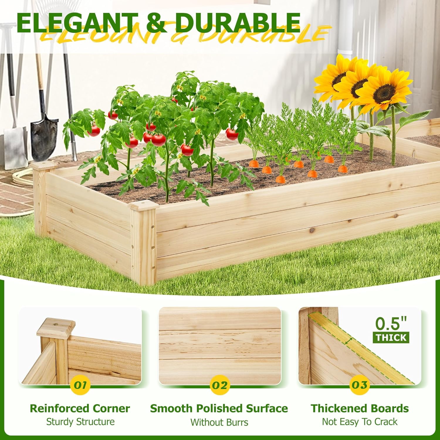 SOLAURA 96" x 24" x 10" Outdoor Wooden Raised Garden Bed Planter for Vegetables, Grass, Lawn, Yard - Natural