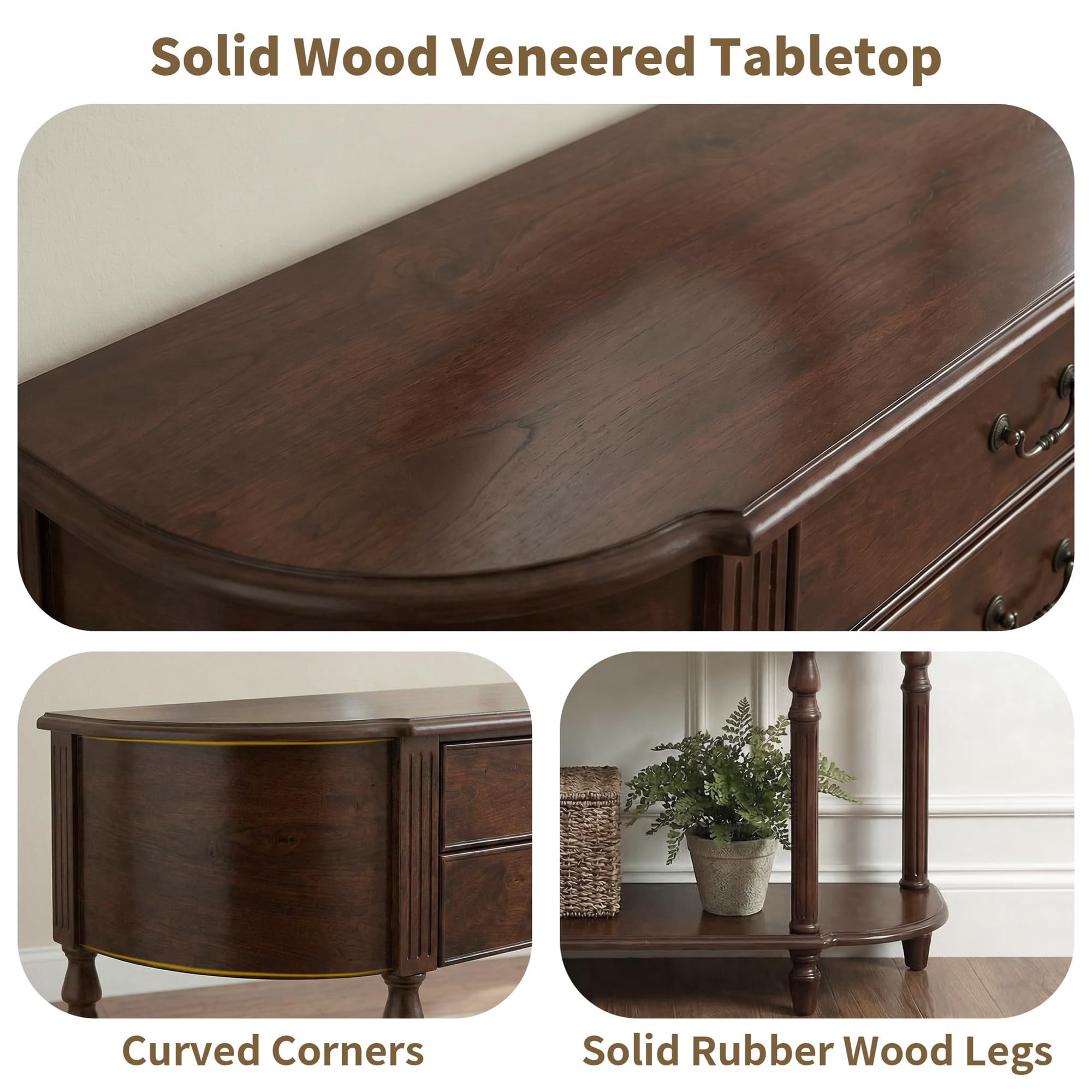 LKTART 43" Curved Console Table with 2 Drawers and Open Shelf, Solid Wood Legs Half Moon Sofa Table for Entryway & Hallway, Walnut Finish
