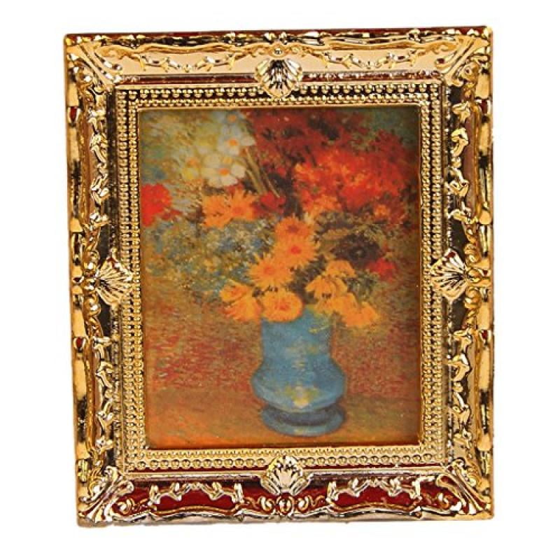 1:12 Golden Plastic Frame Flower Oil Painters Miniature Dollhouse Furniture