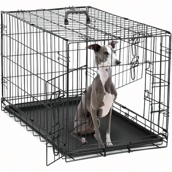 Dog Crate 36 Inch Medium Double Door Dog Cage with Plastic Leak-Proof Pan Tray Folding Metal Wire Pet Kennel for Indoor Outdoor Travel
