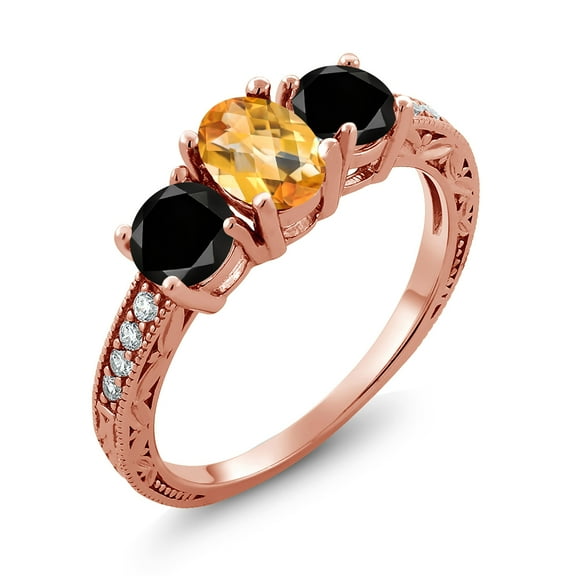 Gem Stone King 1.95 Ct Oval Checkerboard Yellow Citrine Black Diamond 18K Rose Gold Plated Silver Moissanite Ring (Size 5)