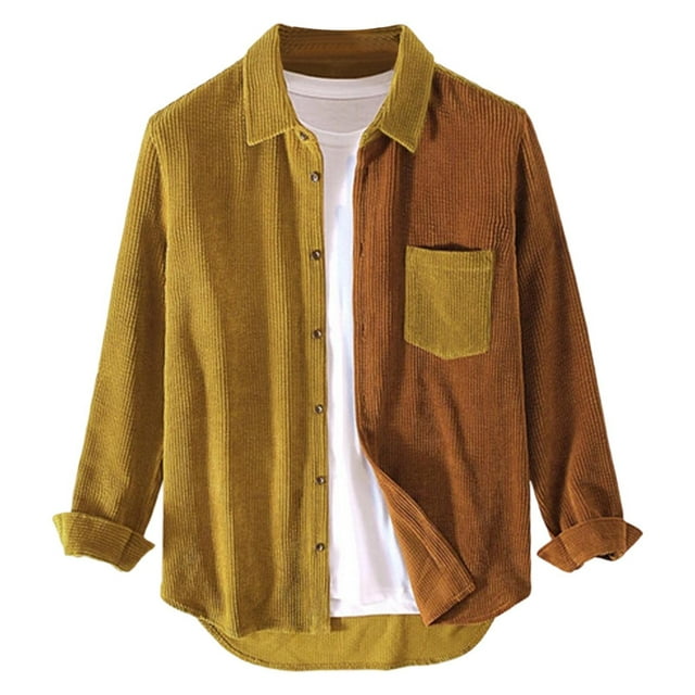 hotojiny Men's Corduroy Button down Shirts Stylish Colorblock Long Sleeve Shacket Jacket Casual Curved Hem Coat with Pockets