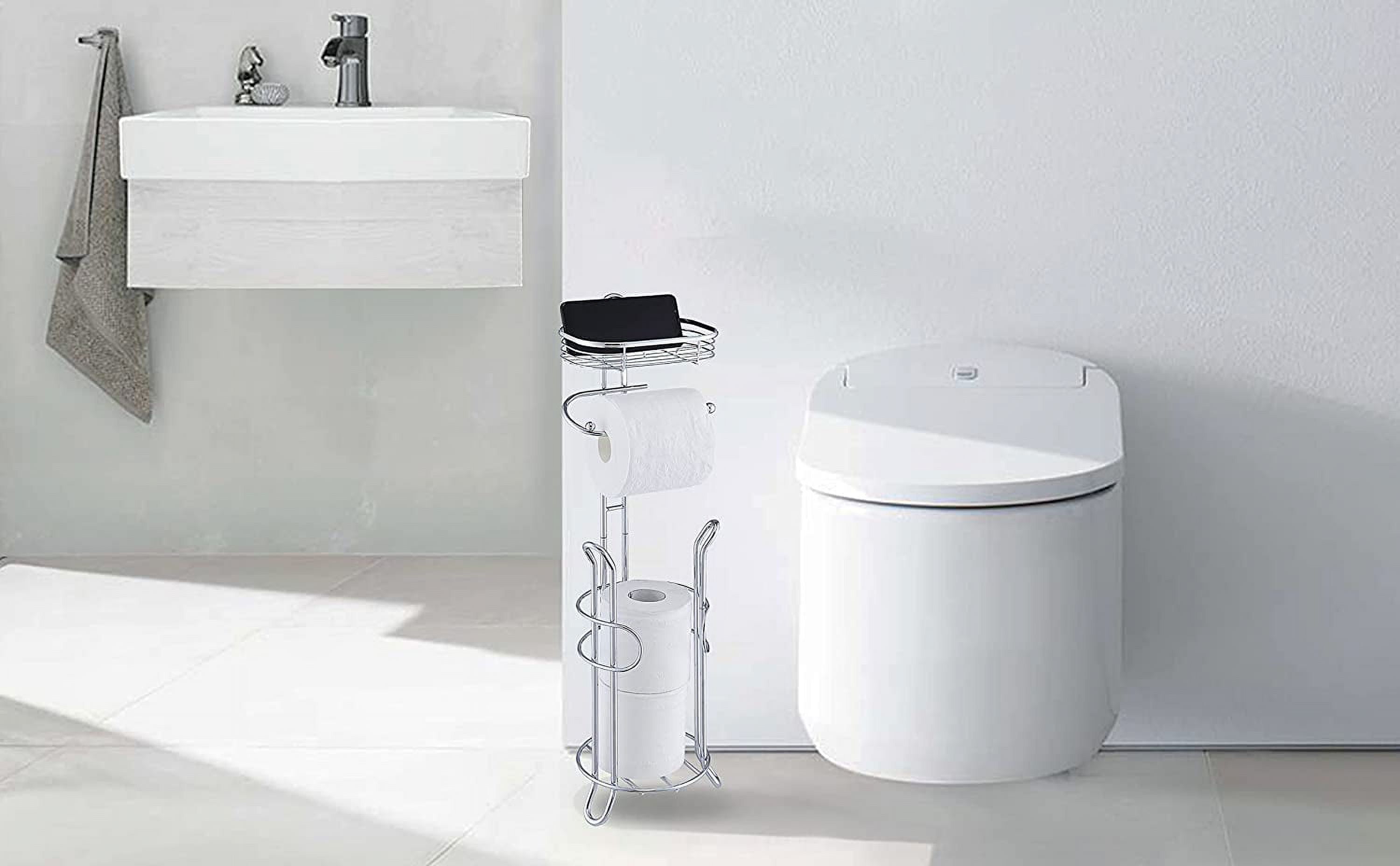 Bathroom Heavyweight Toilet Tissue Paper Roll Storage Holder Stand with Reserve and Shelve, The Reserve Area Has Enough Space to Store Mega Rolls. (Black)