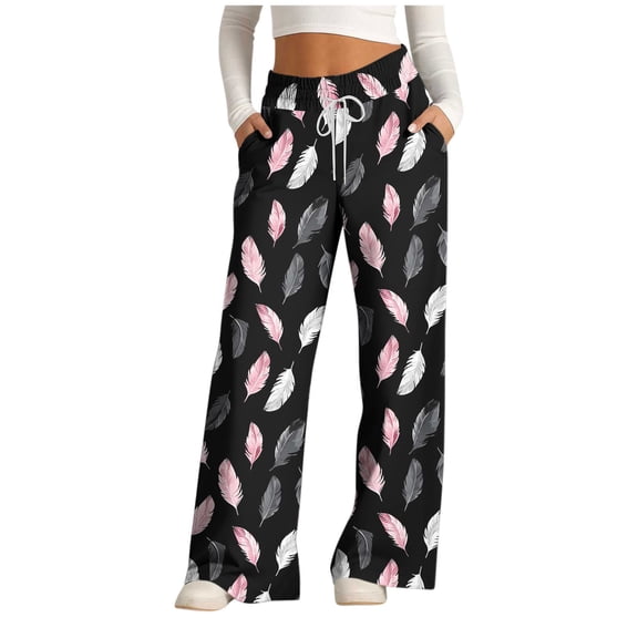 Byworldtasic Sweatpants for Women Pattern Flowy Wide Leg Drawstring Casual Jogger Pants High Waist Pants