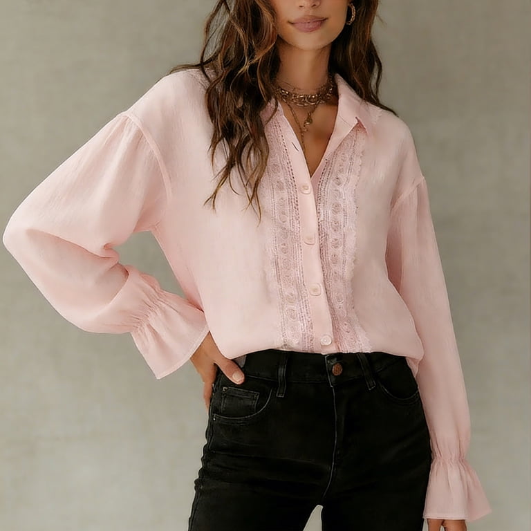 R*様 UNUSED　24SS　long sleeve lace shirt Ashirexll Womens Long Sleeve Tops Collared Button Front Lace