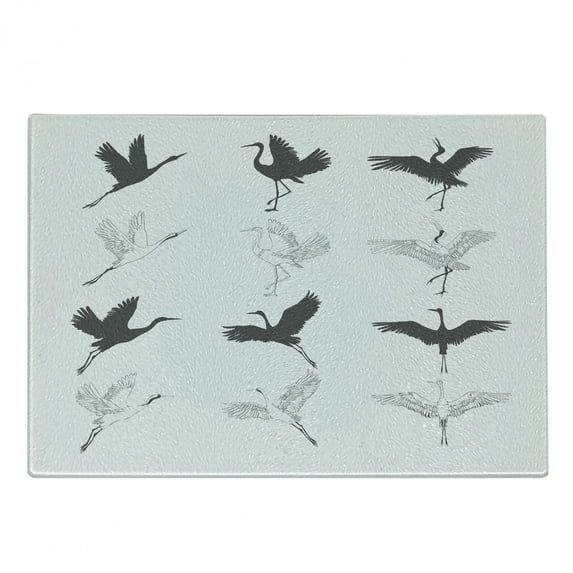 Crane Cutting Board, Greyscale Bird Drawings from Different Sides Outline and Silhouette Pattern Print, Decorative Tempered Glass Cutting and Serving Board, in 3 Sizes, by Ambesonne