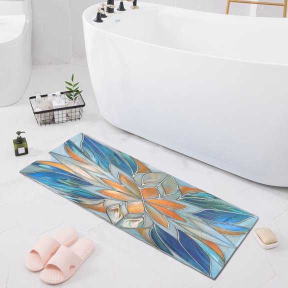 Orange Blue Floral Stained Glass Bath Mat 39x20 Non-Slip Bathroom Rugs Absorbent Soft Plush Quick Dry for Tub Shower Kitchen Home Decor