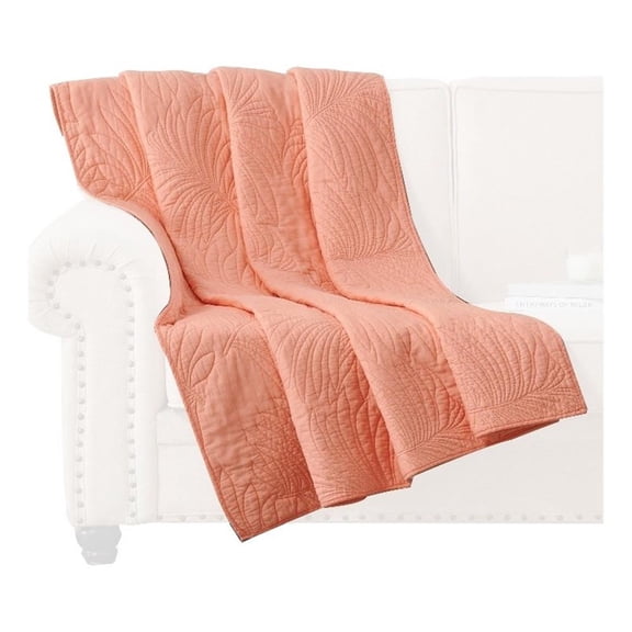 Benjara Xumi 50 x 60" Quilted Throw Blanket- Frond Quilting- Coral Pink Cotton