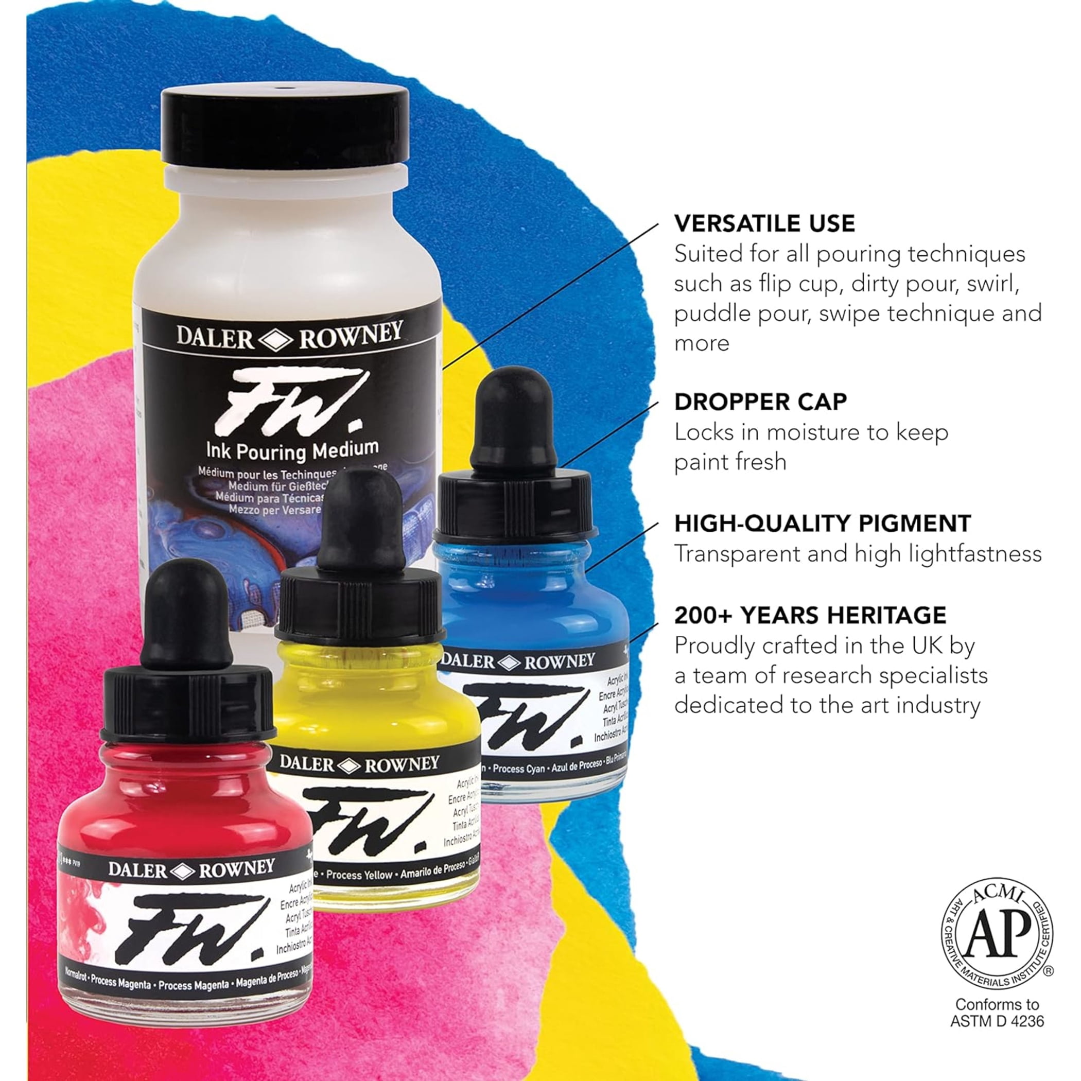 Daler-Rowney FW Acrylic Ink Pouring Set, Assorted Colors with Pouring Medium, 29.5ml, 4 Pieces