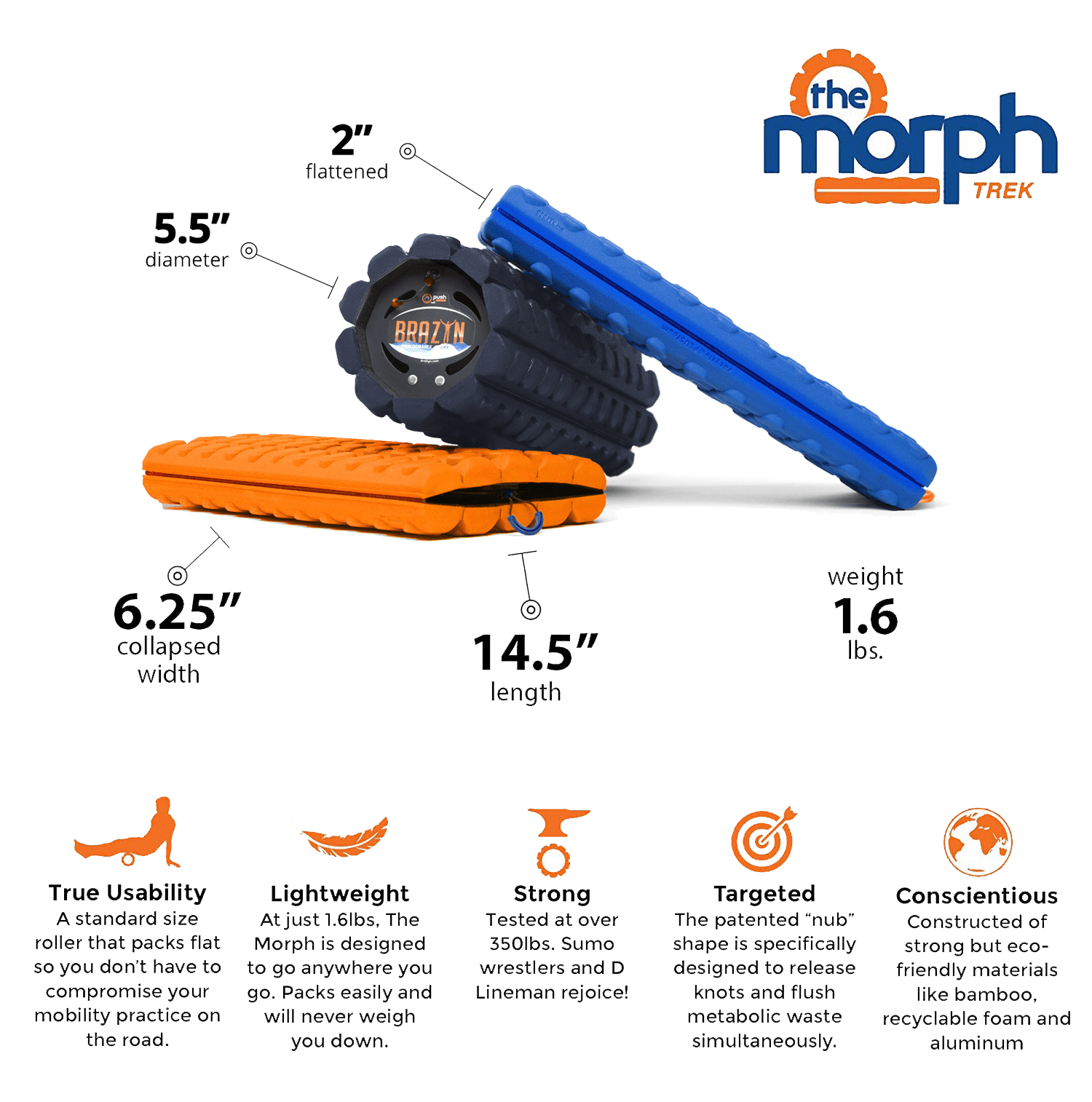 Morph Collapsible Travel Foam Roller (Deep-Tissue) - High-Density Foam for Home, Gym, Office, Travel, Athletes - Lightweight Massager for Trigger Point Massage, Myofascial Release - Orange