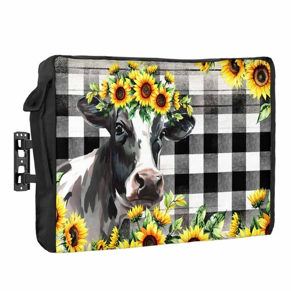 Outdoor TV Cover 48 to 50 Inches, Cow Sunflower Plant Farm Flower Black White Check Waterproof and Weatherproof TV Cover with Remote Control Pocket, Flat Screen TV Cover Protector for Outside TV