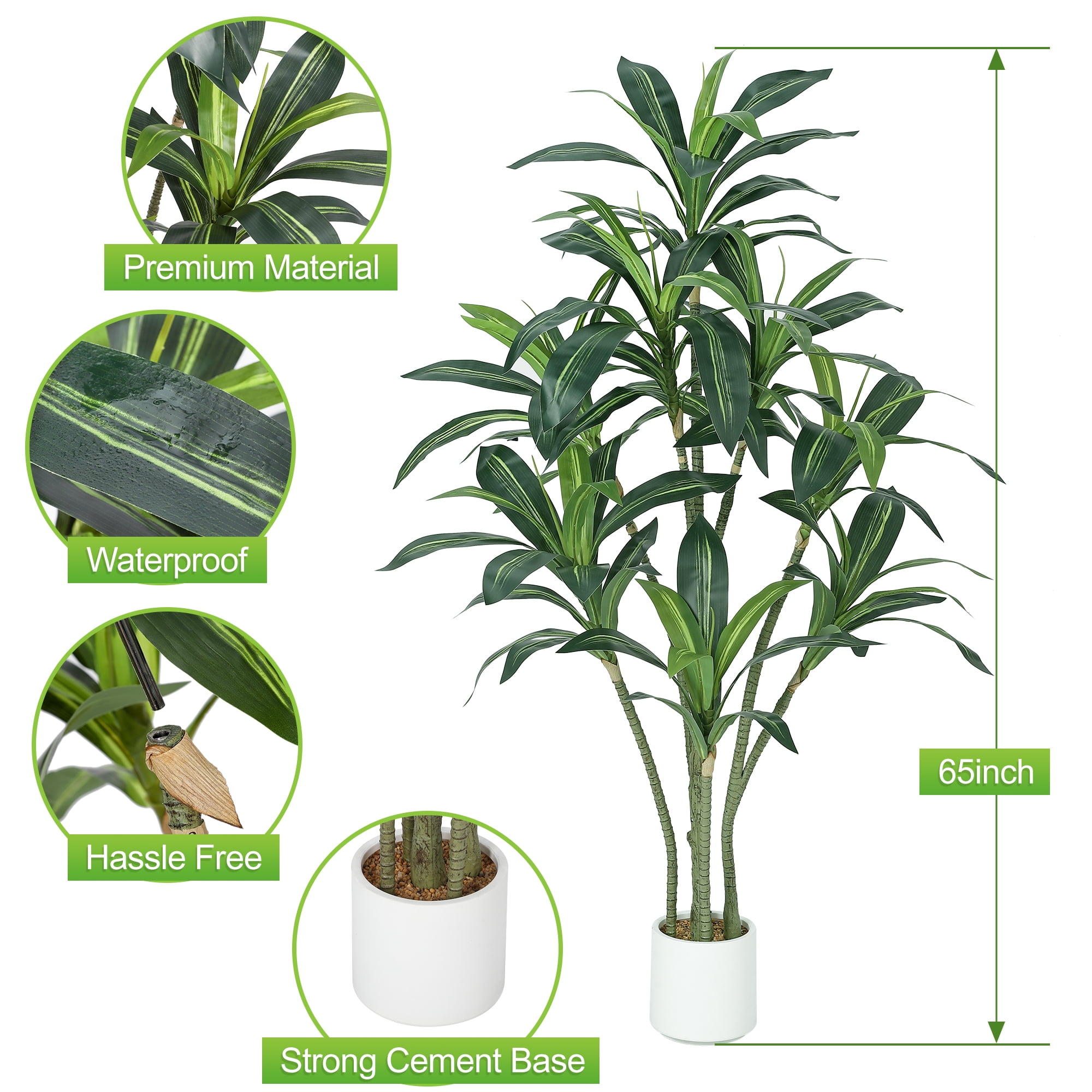 66"Artificial Dracaena Plant Tree, Faux Tropical Yucca Floor Plant Tree in Pot for Home Decor, Fake Plant for Indoor, Outdoor, Office Decor, All Season Green