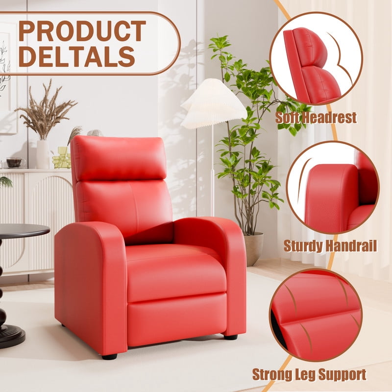Furmax Recliner Chair Pu Leather Single Sofa Home Theater Recliners with Lumbar Support for Living Room,PU Red
