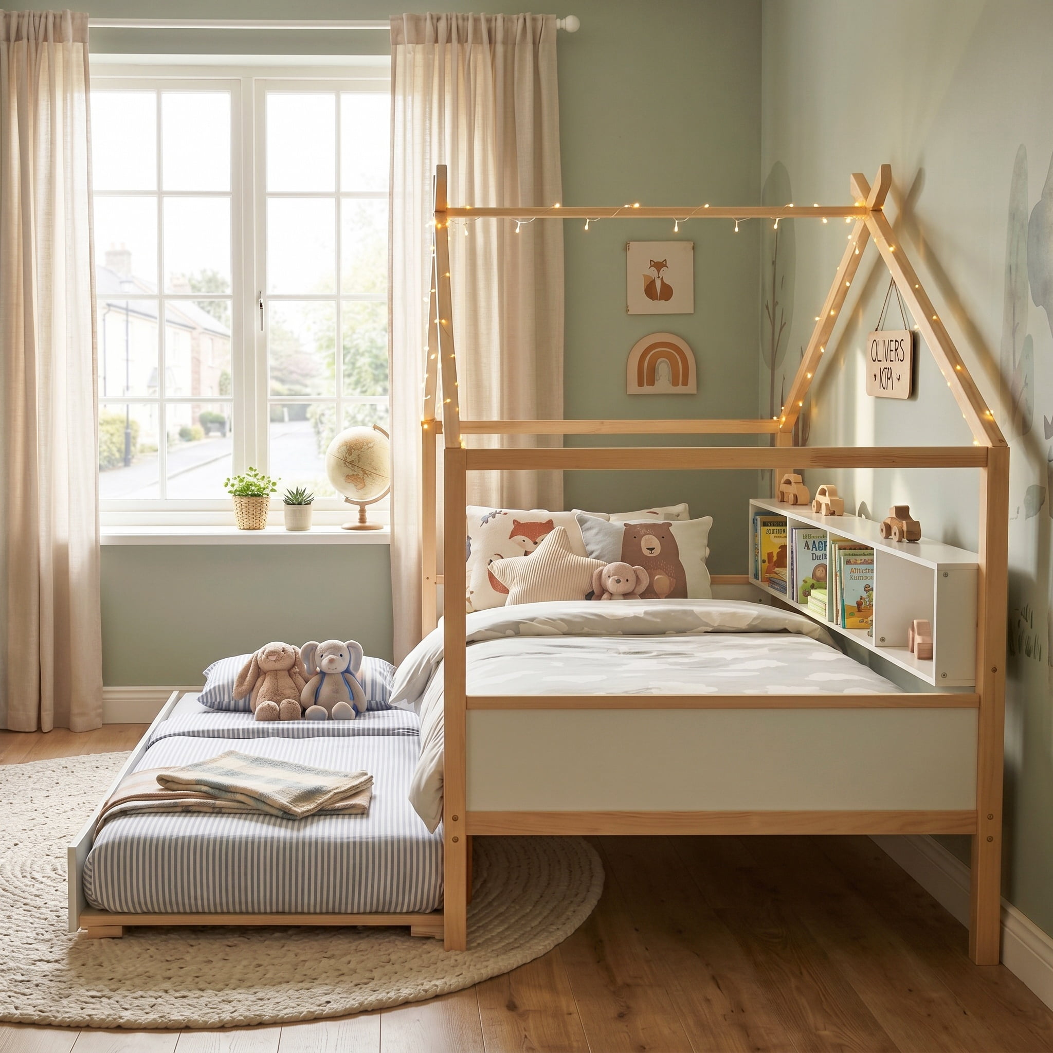 Euroco Wood Twin Size House Bed with Bookcase and Trundle Bed, White