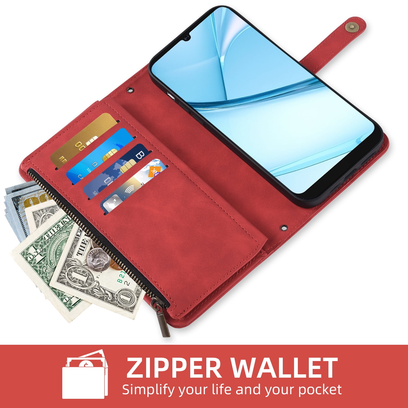 Asuwish Phone Case for Tracfone BLU View 5 Pro B170D Wallet Cover With Tempered Glass Screen Protector Flip Pattern Zipper Credit Card Holder Stand Cell Trac Fone BLUE View5 5Pro 6.74 Women Men Red