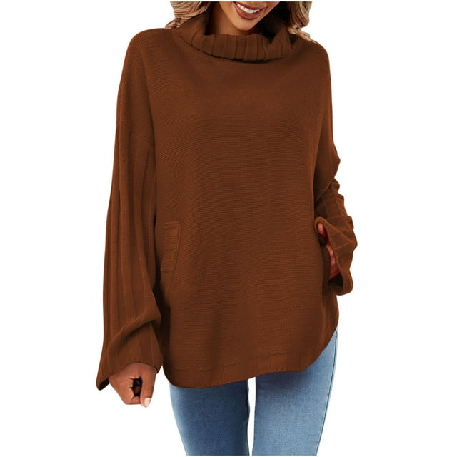 TIMIFIS Womens' Turtleneck Long Sleeve Cable Knit Sweaters Oversized Sweaters Fall Long Sleeve Spilt Hem Tunic Pullover Sweater Knit TopsFall/Winter
