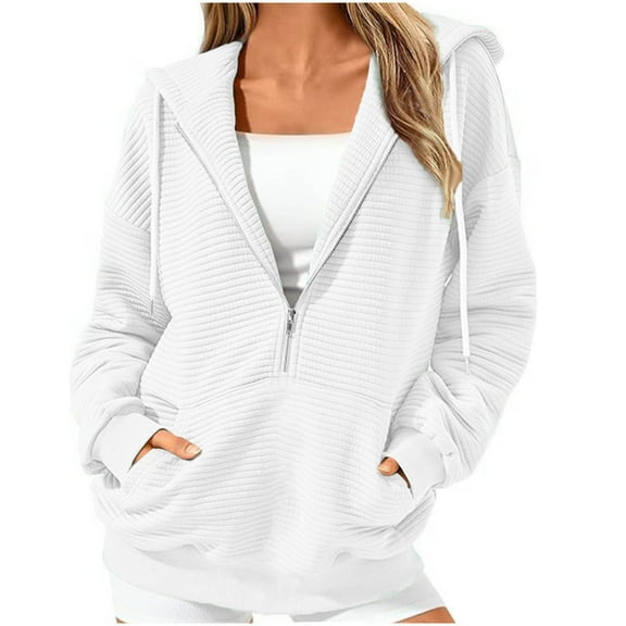1/2 Zip Pullover Hoodies Womens Trendy Waffle Knitted Sweatshirt with Pocket Loose Casual Drawstring Hooded Top (XL, White)