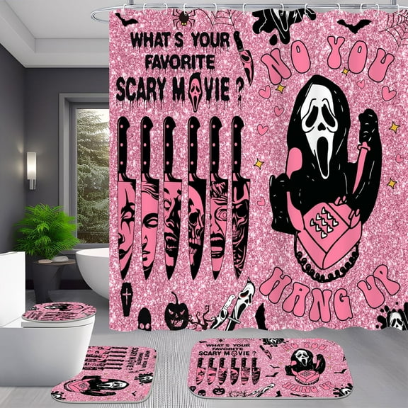 4pcs Pink Skeleton Shower Curtain Set with Bath Rugs Cute Gothic Bathroom Decor for Horror Party