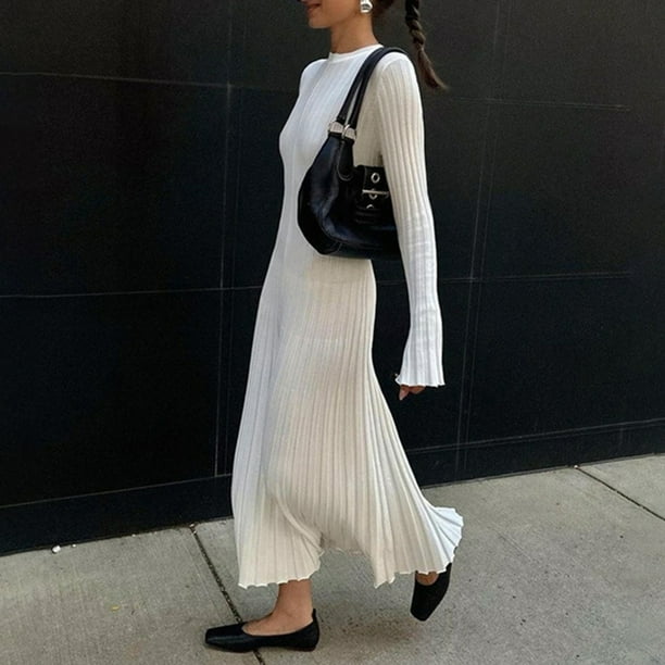 Qtinghua Women Bell Long Sleeve Knit Maxi Dress Crewneck Qtinghua Women Bell Long Sleeve Knit Maxi Dress Crewneck