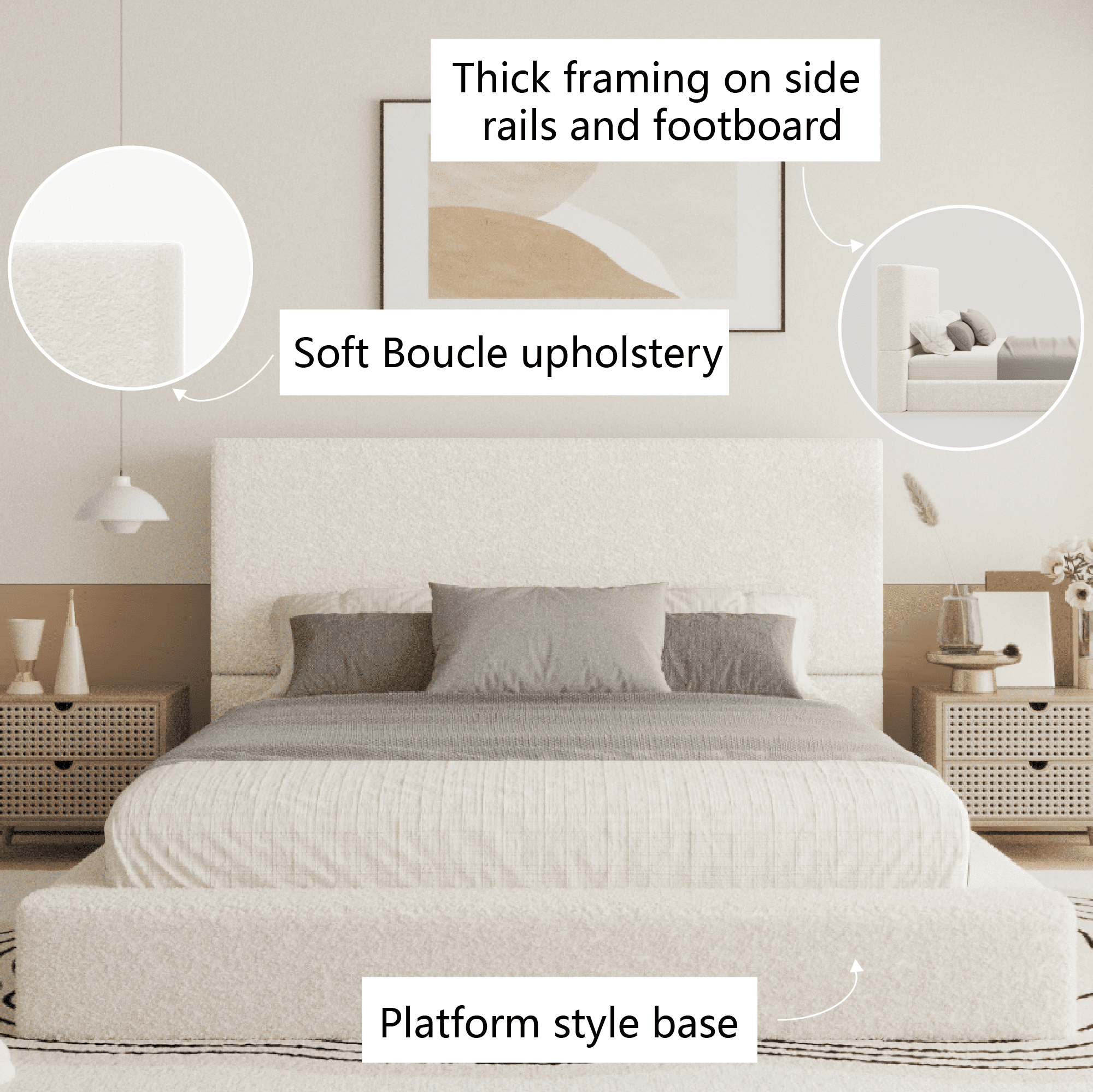 VIPLOV QUEEN Size Boucle Bed Frame，Upholstered Floor Platform Bed with Headboard，Soft Cloud Bed with Thickened Wide Bedside，Easy Assembly, Cream