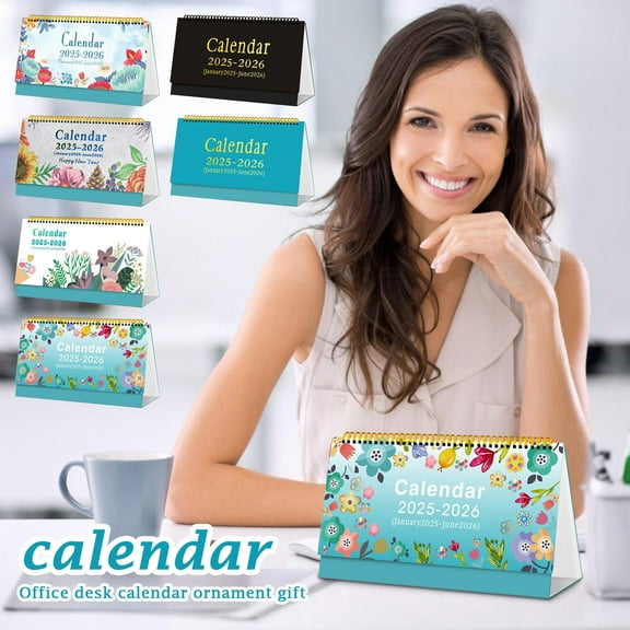 Small Floral Desk Calendar with Horizontal Gold Coils, Desktop Standing Monthly Flip Schedule Planner for Home and Classroom, January 2025 to June 2026, Version A