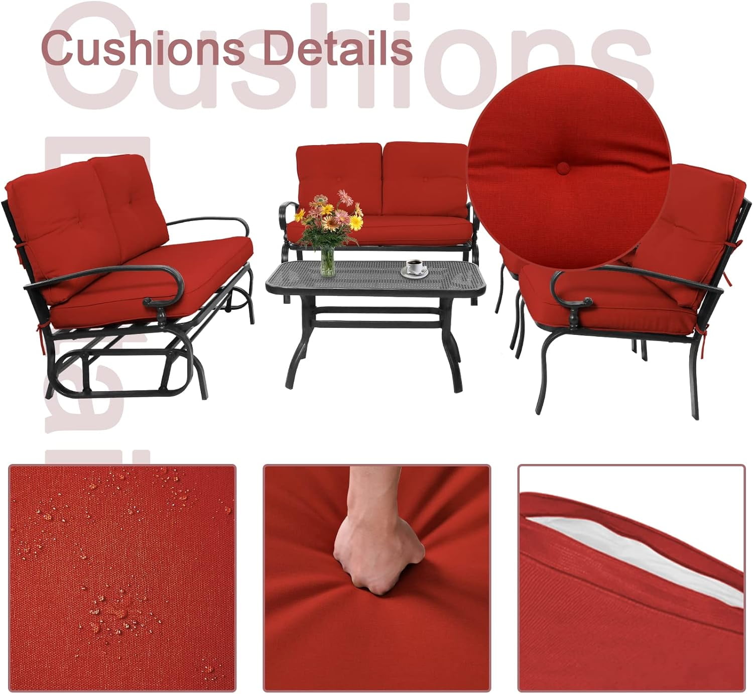 SOLAURA 5-Piece Outdoor Metal Furniture Set Patio Wrought Iron Conversation Set (Patio Swing Glider, 2 Patio Chairs, Loveseat with Coffee Table), Red