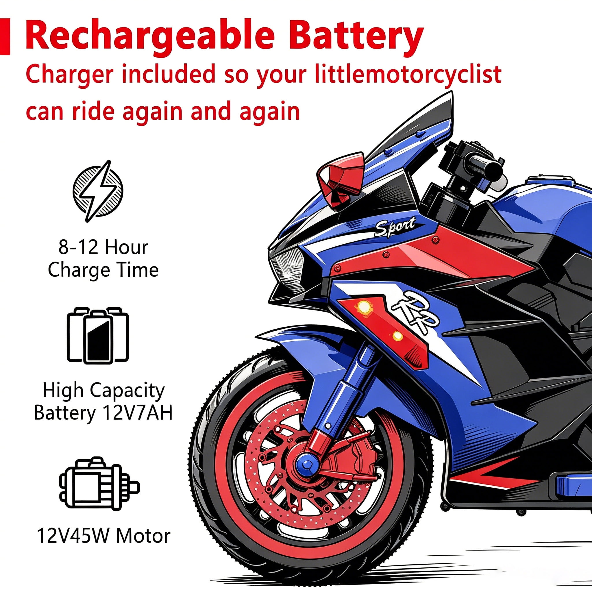 HNH Kids Motorcycle for Kids 3-6, 12V Battery Powered Bike Electric Motorbike with Remote Control, LED Lights, Bluetooth Music, Ride on Toys
