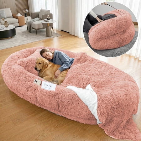 78 x 51 x 12inches Human Dog Bed Fits Adult 10 CM Thick Memory Foam Washable Oversize Dog Bed with Plump Pillow and Blanket and Strap（Pink)