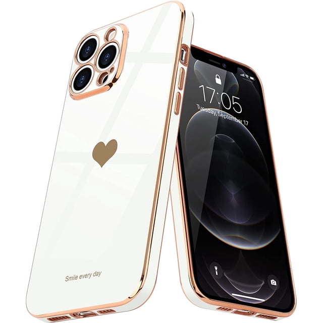 Funda para iPhone 12 Pro Max para mujer y niña, diseño de corazón de amor, lujosa, con brillo, suave, con protección para cámara elevada, de silicona a prueba de golpes, color blanco