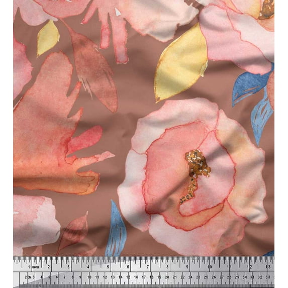 Soimoi Brown Rayon Fabric Leaves & Floral Printed Fabric 1 Yard 42 Inch Wide