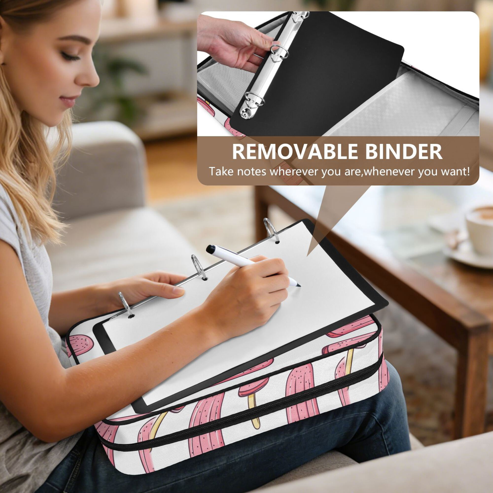 FORMRS Accordion File Folder A4 Size 7-Pocket Expanding Document Organizer Bag with 3 Ring Binder, Pink Ice Cream