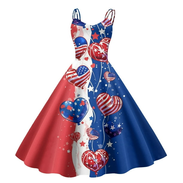 WILLBEST Vestido De Verano Para Mujer, Con Tirantes, Estampado Informal, Cintura Alta, Estilo Libertad Democrática, Para El Día De La Independencia 667