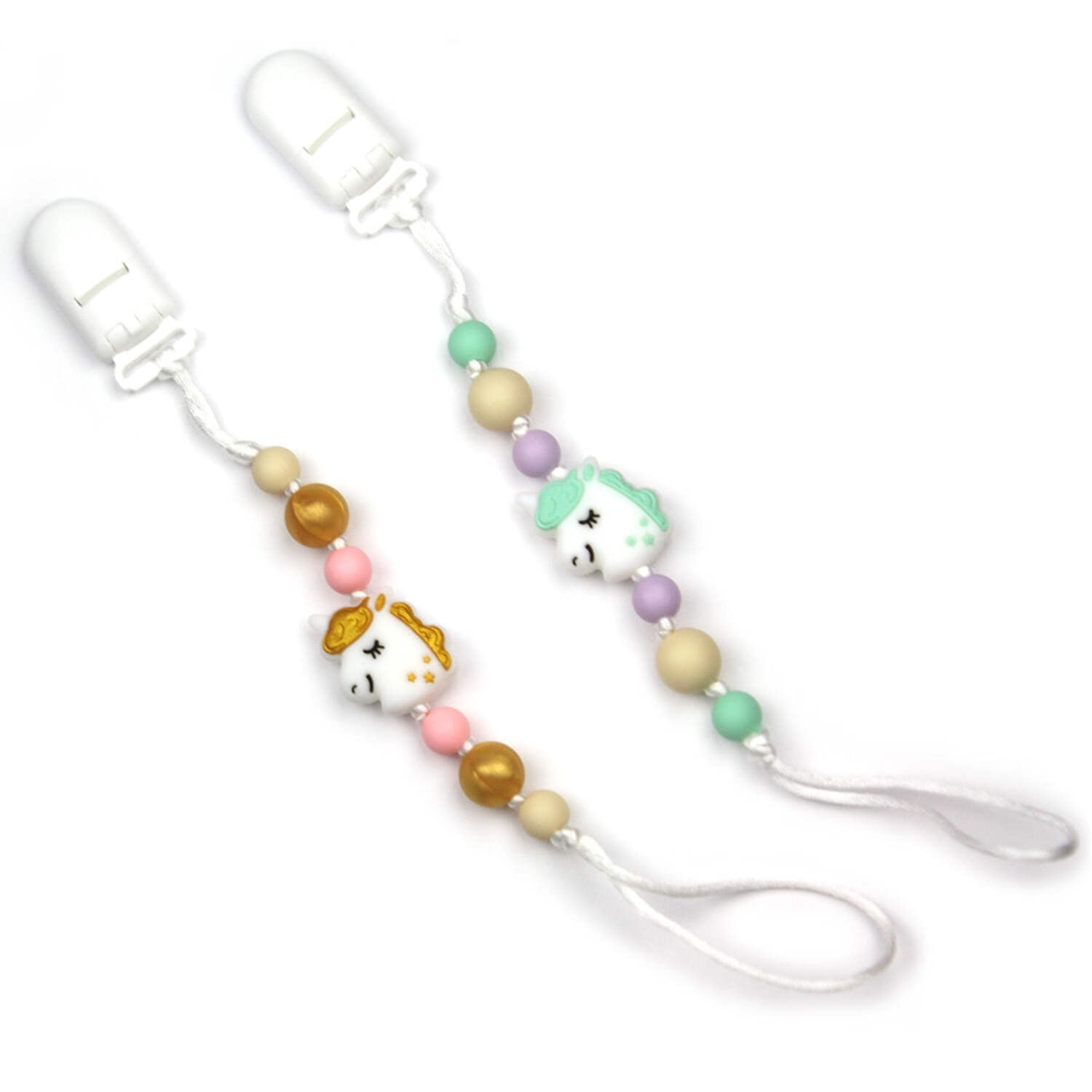 Gold & Green Unicorns Silicone Pacifier Clip 2pk