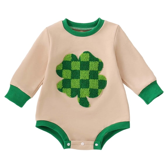 Staki St Patricks Day Baby Girl Outfit Cute Shamrock Smocked Bubble Romper Bodysuit Infant Spring Clothes St. Patrick's Romper(Beige,6M)
